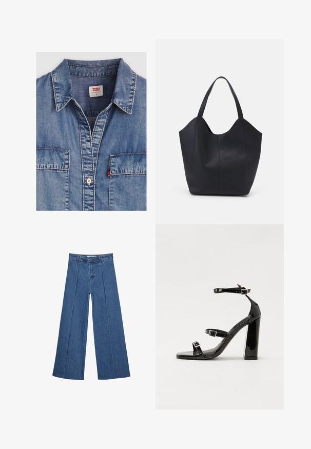 Jasnoniebieska koszula dżinsowa z zaznaczonym kołnierzykiem, dwoma przednimi kieszeniami, zapięciem na guziki i kontrastującymi szwami. Metka mówi "Levi's."; Jeans typu wide-leg w średnim niebieskim kolorze, z wysokim stanem, zapięciem na guziki oraz kontrastowymi szwami pionowymi z przodu.; Czarne lakierowane sandały na obcasie z kwadratowym noskiem, z paskami wokół kostki i srebrnymi klamrami. Posiadają masywny słupek dla stabilności.; Czarna torba na ramię wykonana z gładkiej skóry, z zaokrąglonym, otwartym topem i dwoma paskami na ramię oraz minimalistycznym designem.