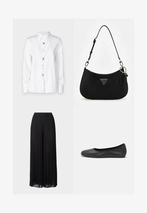 PS Paul Smith SHIRT - Hemdbluse - white; Schwarze, plissierte, weit geschnittene Hosen mit elastischem Bund. Hergestellt aus leichtem Stoff, mit vertikalen Falten durchgehend.; Schwarze Leder-Ballettschuhe mit abgerundeter Spitze, glatter Textur, minimalen Nähdetails und einem flexiblen Sohlen-Design.; Schwarze synthetische Schultertasche mit geschwungenem Silhouette, strukturiertem Finish, goldenem Dreiecks-Logo und abnehmbaren Hardware-Akzenten.