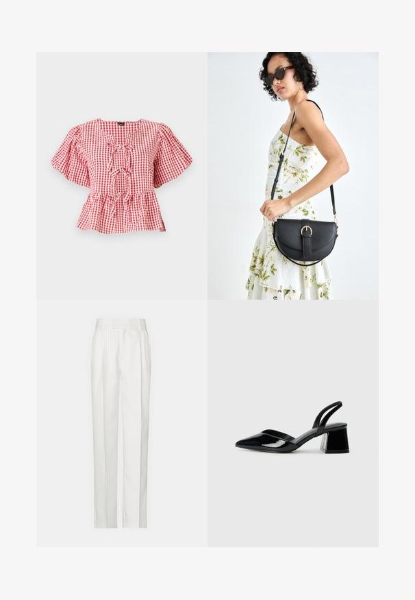 Blusa aos quadrados vermelhos e brancos com mangas bufantes, um detalhe de laço no pescoço e uma bainha peplum. Feita de tecido leve.; Calças brancas com riscas verticais e um design de perna reta, feitas de um tecido leve. Apresentam pregas na frente e uma cintura tradicional.; Sandy em verniz preto com salto slingback, ponta afilada e salto geométrico. Apresenta um design elegante e minimalista com textura suave.; Bolsa de couro preta com forma curva, alça destacável e detalhes em dourado. A bolsa possui uma aba com detalhe de fivela.