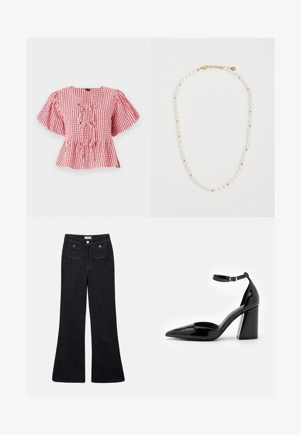 Blusa a quadretti rossi e bianchi con maniche a palloncino, dettaglio a fiocco al collo e orlo a peplum. Realizzata in tessuto leggero.; Jeans in denim scuro a gamba svasata con vita alta, due tasche frontali e cuciture arancioni. Il materiale appare robusto e morbido.; Scarpa con tacco alto in pelle verniciata nera, punta affusolata, cinturino alla caviglia e tacco largo per maggiore stabilità, caratterizzata da una superficie liscia e lucida.; Collana di perle con perle ovali bianche alternate a piccole perline dorate, dotata di una chiusura in oro per il fissaggio. Texture complessivamente liscia.