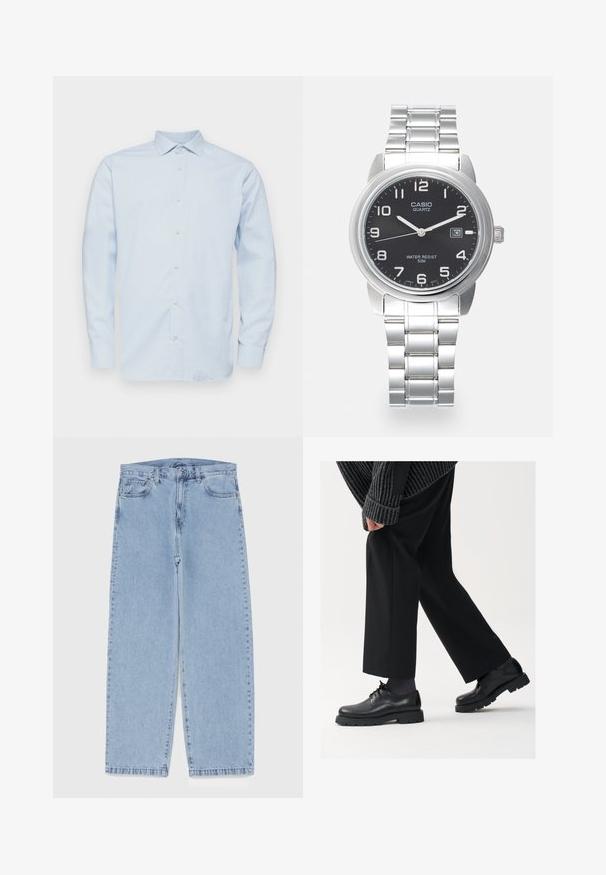 Šviesiai mėlyna ilgaašvarkė marškiniai su smailia apykakle, mygtukų priekyje ir subtiliu languotu raštu. Pagaminti iš lygaus audinio su struktūrizuotu siluetu.; Šviesiai mėlyni džinsai su tiesiomis kojomis, turintys vidutinio aukščio juosmenį, penkias kišenes ir mygtuko bei užtrauktuko uždarymą.; Juodos odinės kojinės su apvalia nosimi, raištelių dizainu ir storu, tekstūriniu padu. Dėvimos su pritaikytomis juodomis kelnėmis ir liniuotėmis megztiniu.; Kvarcinis laikrodis su sidabriniu nerūdijančio plieno apyranke, apvaliu juodu ciferblatu, baltais valandų žymekliais ir datos rodymu 3 valandą. Atsparus vandeniui iki 50m.