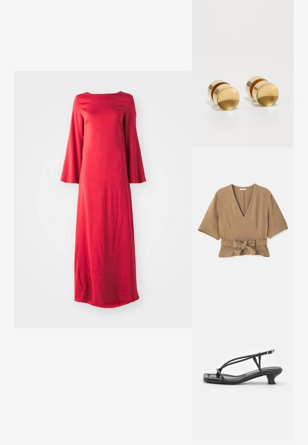 Bruine textuurblouse met een diepe V-hals, korte mouwen en een strikceintuurdetail op de taille, met golvende rand op de ceintuur.; Lange rode jurk van lichtgewicht stof, met een bateauhalslijn en wijde klokmouwen. Glad textuur met een rechte silhuet.; Zwarte leren sandaal met dunne banden, lage blokhak en vierkante neus. Heeft een gespsluiting en een zachte textuur.; Zwart leren schoudertas met een halve maanvorm, textuur oppervlak, gouden rits en een platte schouderband. Compact ontwerp geschikt voor de benodigdheden.; Gouden metalen oorbellen met een eenvoudige ronde vorm, voorzien van een gladde afwerking en een gecentraliseerde gepolijste band. Heeft een diameter van ongeveer 1 cm.