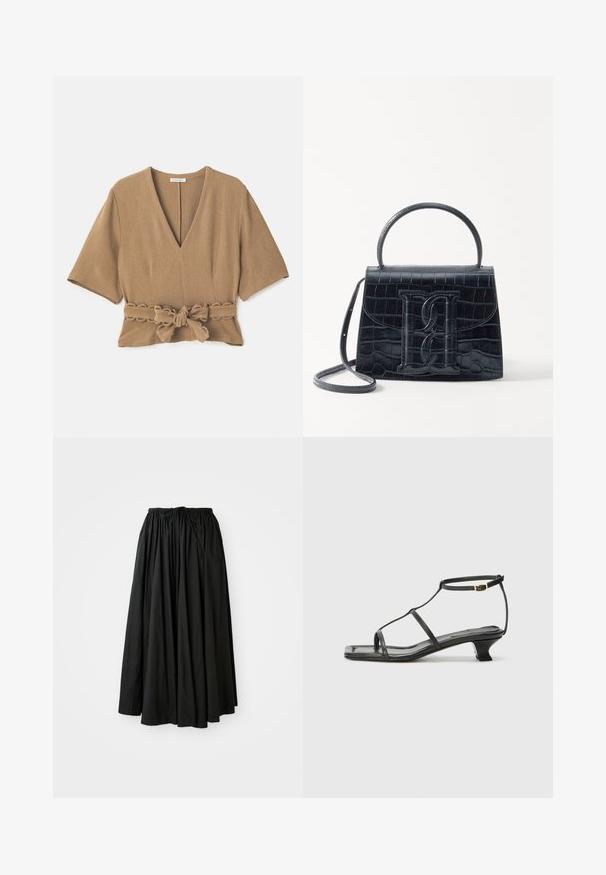 Himmelblaues, strukturiertes Bluse mit tiefem V-Ausschnitt, kurzen Ärmeln und einem gebundenen Gürtel-Detail in der Taille, das wellenförmige Besätze auf dem Gürtel aufweist.; Schwarze, knöchellange Skirt aus leichtem Stoff. Verfügt über einen gerafften Bund mit einem Kordelzug für eine verstellbare Passform und eine ausgestellte Silhouette.; Schwarze Ledersandale mit quadratischer Zehenpartie, dünnen Riemen, verstellbarem Knöchelriemen und einem niedrigen Absatz. Mit einem kleinen goldenen Akzent am Riemen.; Schwarze Handtasche aus Krokodilprägung mit strukturiertem Design, Oberhandgriff, verstellbarem Tragegurt und einem auffälligen Logo-Detail auf der Vorderseite.