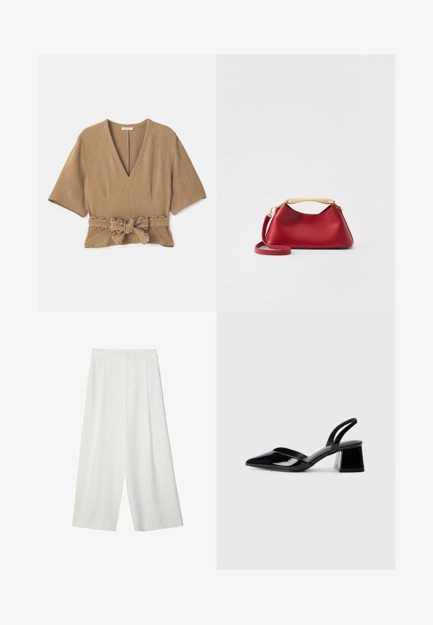Himmelblaues, strukturiertes Bluse mit tiefem V-Ausschnitt, kurzen Ärmeln und einem gebundenen Gürtel-Detail in der Taille, das wellenförmige Besätze auf dem Gürtel aufweist.; Weiße, weite, knöchellange Hosen mit glatter Textur, flachem Vorderteil und ohne sichtbare Verschlüsse oder Taschen.; Schwarze Lackleder-Slingback-High Heels mit spitzem Schuh und einem geometrischen Blockabsatz. Verfügt über ein schlankes, minimalistisches Design und eine glatte Textur.; Elleme MINI BOOMERANG - Umhängetasche - Red