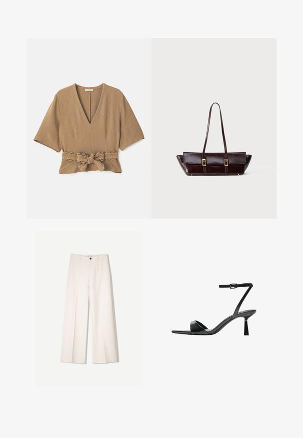 Hnědá strukturovaná halenka s hlubokým V-výstřihem, krátkými rukávy a detailem pásku na zavázání v pase, který má vlnitý okraj.; Krémové široké kalhoty s tailored designem, které mají dvě přední kapsy a jedno zapínání na knoflík vpředu, vyrobené z hladkého materiálu.; Bershka Sandály na vysokém podpatku - black; Tmavě hnědá obdélníková kožená kabelka s dlouhými řemeny a dvěma zlatými sponami na předních klopách.