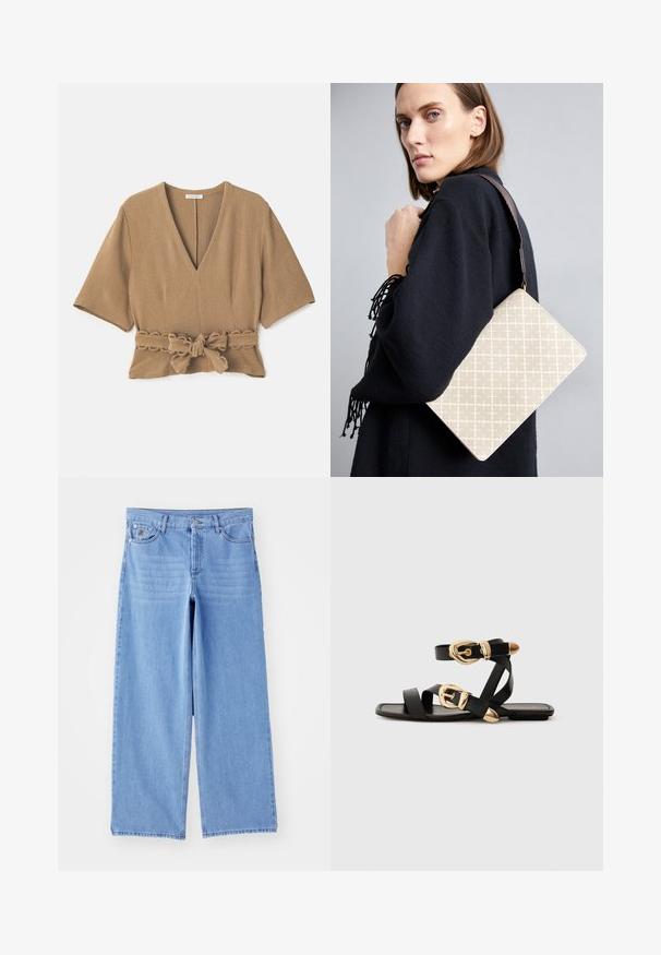 Rjava teksturirana bluzica z globokim V-izrezom, kratkimi rokavi in zvezanim pasom v pasu, ki ima valovit rob.; Svetlo modri široki kavbojki iz denima, ki imajo klasičen pet-pocket dizajn in zaponko na gumb. Gladka tekstura, strgani rob.; Črne usnjene sandale z zlatimi zaponkami, ki imajo več trakov in ravno podplati za nošenje brez prstov.; Bežna torba z vzorcem, strukturirane oblike, z rjavim teksturiranim pasom. Nosena na modelu ob sivi podlagi.