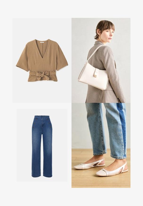 Pruun tekstuuriga pluus sügava V-kaelusega, lühikeste varrukatega ja vööl kinnitatud seotud detailiga, millel on laineline äär vööl.; Keskmise sinise värviga kõrge vöökohaga teksad. Omavad esipoolsete nööbiefekte ja laia jala disaini. Kanga tekstuur on sile ja kerge kulumisega.; Kahvatu roosa slingback lapikute jalatsite paar, millel on terav varvas, valmistatud siledast nahataolisest materjalist. Omab külgedel lõikekohti ja lapikut kontsa.; Valge nahast käekott struktureeritud disainiga, millel on magnetlukk ja õlavarre rihm, esitletud neutraalse tausta ees.