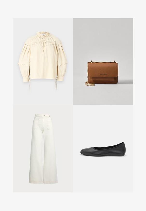 Hofmann Copenhagen SHARON - Blúz - oyster; Széles szárú farmernadrág off-white denim anyagból. Magas derekú dizájn, gombos záródással, két elülső zsebbel és kontrasztos varrási részletekkel.; Fekete bőr balettcipő lekerekített orral, sima tekstúrával, minimális varrással és rugalmas talp kialakítással.; Barna textúrájú bőr keresztbody táska arany lánc pánttal és fedélzárral. Az elején logó részlet és egy zseb található a fedél alatt.