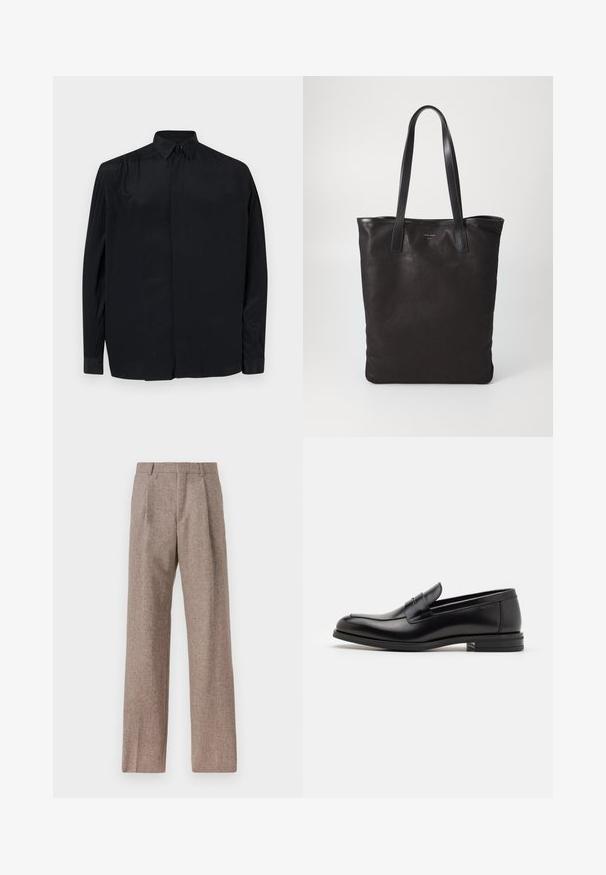 Sort langærmet skjorte lavet af glat stof, med klassisk krave, knaplukning og afslappet pasform med manchetter.; Brune, højtaljede bukser lavet af tekstureret stof. Har brede ben og to frontfoldninger for struktur. Pæn finish uden synlig hardware.; Sorte læderloafers med en glat overflade, rund tå og en dekorativ strop over vampen. Lav hæl med stabeldesign, minimalistisk stil.; Sort lærred tote taske med sorte læderhåndtag. Simpelt design, rummelig krop og en glat overflade. Ingen synlige logoer eller mønstre.