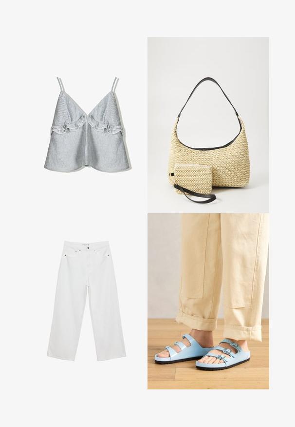 Prazna bluzica z navpičnimi črtami v modri in beli barvi, ki ima naguban rob spredaj in tanke naramnice, ter obliko V-izreza.; Bele široke hlače iz denima, visoke pasu, z petimi žepi in kovinskimi dodatki. Gladek tekstur, brez vidnih vzorcev.; Svjetloplave klizne sandale s tri podesive trake i srebrnim kopčama; teksturirana potplat i gladak gornji materijal. Nosi se s podvrnutim bež hlačama.; Tkana torbica iz slame s zakrivljenim siluetom, ki vključuje gladek črn usnjen trak in usklajen majhen žep, pritrjen z ročajem za zapestje.