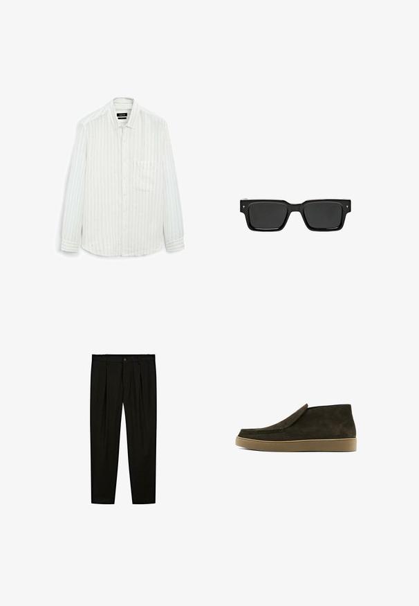Witte lange mouw shirt met dunne verticale strepen. Knopsluiting, een borstzak, en een zachte textuur met een ontspannen pasvorm.; Zwarte op maat gemaakte broeken van soepel materiaal. Kenmerken zijn een platte voorkant, brede pijpen en een knoopsluiting bij de taille.; Bruine suede instappers met een gladde afwerking, ronde neus en een lichtbruine rubberen zool. Bovenkant heeft een eenvoudig, strak design.; Zwarte rechthoekige zonnebril met donkere glazen, glanzend plastic montuur en kleine handtekeningaccenten op de pootjes. Platte profiel en scherpe hoeken.