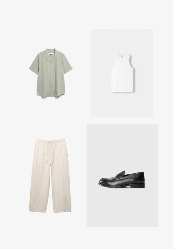 ARMEDANGELS LOVAAR LINO - Overhemd - seagreen; Witte katoenen tanktop met een ronde halslijn, brede schouderbanden en een rechte zoom, met een gladde textuur en zonder zichtbare patronen.; Linnen broeken in lichtbeige, met een elastische tailleband met een trekkoord, een wijde pasvorm en zijzakken. Gladde textuur.; Zwarte leren instappers met een gladde afwerking, gestikte details over de bovenkant en een licht verhoogde hak.