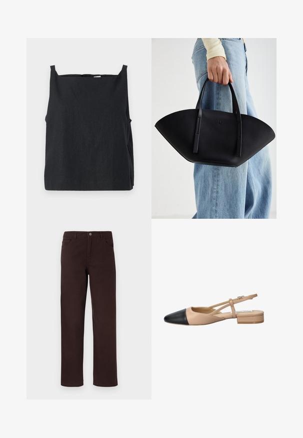 Black, sleeveless top made of lightweight fabric. Boxy design with a crew neckline and narrow shoulder straps. Smooth texture, minimal detailing.; Two white sleeveless T-shirts made of soft cotton fabric, featuring a rounded neckline and no visible patterns or hardware.; Brown cotton pants with a straight-leg design, two front pockets, and a button closure at the waistband. Smooth texture with no visible patterns.; Beige and black two-tone slingback shoe with a pointed toe, flat heel, and crisscross strap detail. Smooth leather texture.; Black leather handbag with a unique fan shape, featuring flat handles. The surface has a pebbled texture and a minimalistic design.