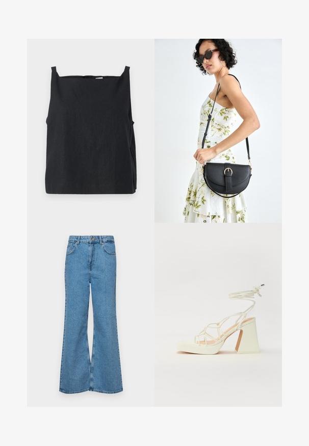 Juodas be rankovių marškinėlis, pagamintas iš lengvos medžiagos. Dėžutės stiliaus dizainas su apvalia iškirpte ir siaurais petnešomis. Lygus paviršius, minimalus dekoravimas.; Šviesiai mėlynos flared džinsai, pagaminti iš džinsinio audinio, su aukštu liemeniu, penkiomis kišenėmis ir vienu mygtuko užsegimu. Minkštas paviršius su išblukusiu efektu.; Balti aukštakulniai sandalai su masyviu kulnu, su dirželių dizainu ir kulkšnies raiščiu. Lygi tekstūra su platforma priekyje, suteikianti papildomą aukštį.; Juodas odinis krepšys su išlenkta forma, nuimamu dirželiu ir auksiniais detalėmis. Krepšys turi kilpą su sagtimi.