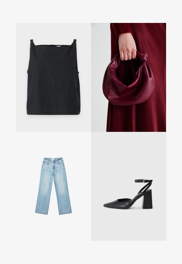 Czarny, bezrękawnik z lekkiego materiału. Prosty krój z okrągłym dekoltem i wąskimi ramiączkami. Gładka tekstura, minimalne detale.; Jasnoniebieskie jeansy z szerokimi nogawkami i wysokim stanem, z lekko wybledzonym wykończeniem i drobnymi, rozproszonymi przetarciami.; Czarne skórzane czółenka z ostrym noskiem, z paskiem na kostce i grubym obcasem. Gładka faktura, elegancki design i minimalistyczna estetyka.; Bordowa skórzana torebka o miękkim, marszczonym wyglądzie i zaokrąglonym kształcie. Uchwyt jest zabezpieczony, co podkreśla gładką fakturę.
