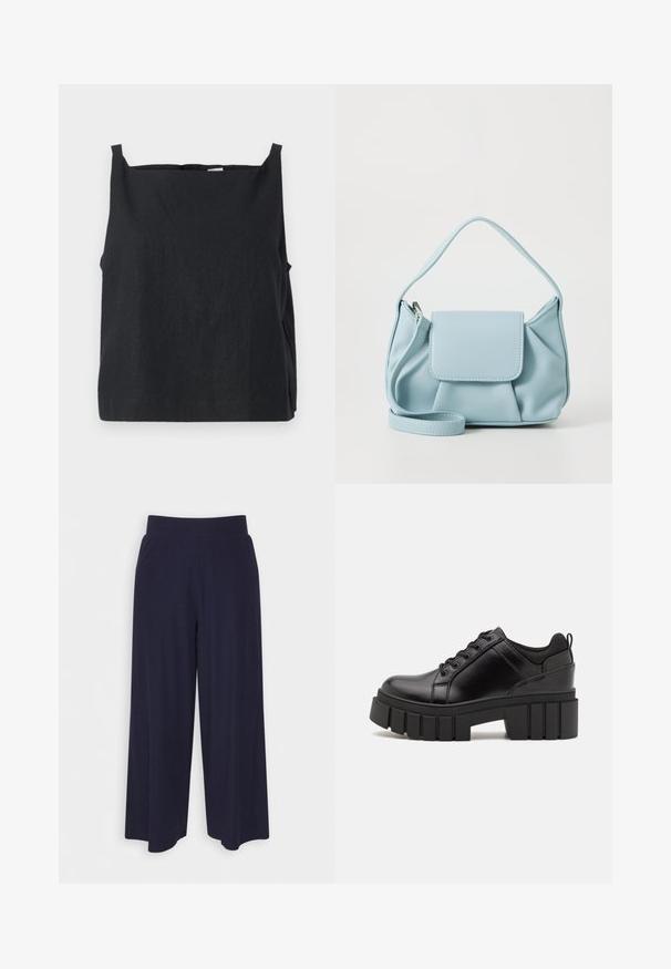 Juodas be rankovių marškinėlis, pagamintas iš lengvos medžiagos. Dėžutės stiliaus dizainas su apvalia iškirpte ir siaurais petnešomis. Lygus paviršius, minimalus dekoravimas.; Plati kojinės tamsiai mėlynos spalvos audiniu su vagelėmis. Turi lygų juosmenį ir laisvą siluetą, kuris siekia iki pusės blauzdos.; Juodi odiniai platformos batai su masyviu blokuota kulniuku, apvalia nosimi ir tradiciniu šnypštimo dizainu. Turintys glotnų paviršių ir minimalų dekoravimą.; Šviesiai mėlynas odinis rankinės maišas su viršutiniu rankenėle, priekinė kišenė su užklotu ir nuimamu riešo dirželiu ant baltos fono.