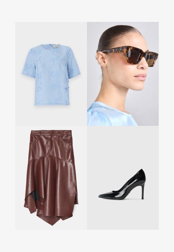 Blusa azzurro chiaro a maniche corte con ricami floreali, dettagli testurizzati e bordi ondulati. Collo rotondo con chiusura a bottone sul retro.; Gonna in ecopelle marrone con orlo asimmetrico e svasato, dotata di due tasche frontali e una texture liscia e lucida.; Décolleté nera in pelle verniciata con punta affilata e sottile tacco a stiletto su sfondo bianco semplice.; Occhiali da sole tartarugati con una montatura spessa e rettangolare. Lenti scure e dettagli in tonalità oro sulle tempie. Finitura liscia e lucida.