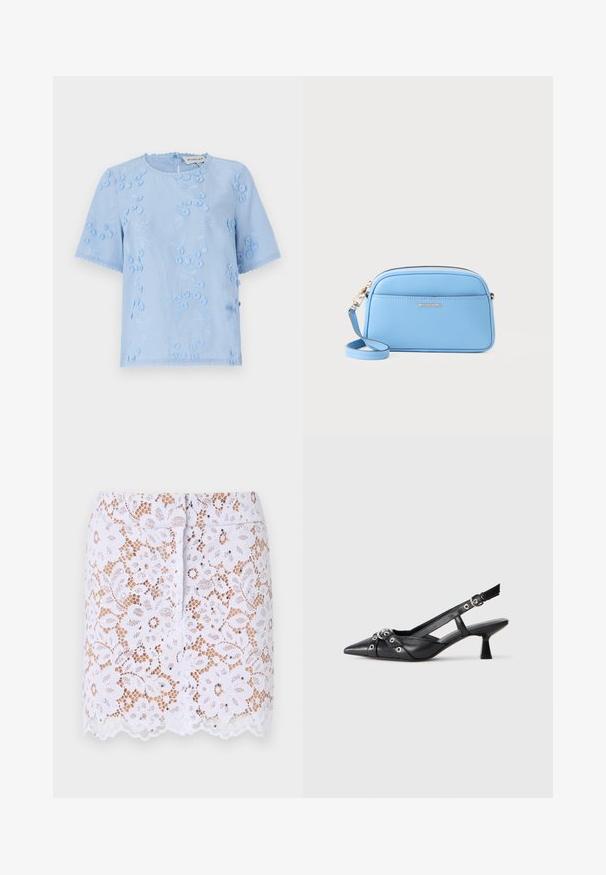 Himmelbluse mit kurzen Ärmeln, floralem Stickereien, strukturierten Akzenten und gewellten Kanten. Rundhalsausschnitt mit einem Knopfverschluss auf der Rückseite.; Weißer Spitze-Rock mit floralem Muster, gewelltem Saum und diskreten Verzierungen. Besitzt ein tailliertes Design und einen verdeckten Reißverschluss auf der Rückseite.; Schwarzer Leder-Slingback-Schuh mit spitz zulaufender Zehenpartie, dekorativen Riemen mit METALLÖSEN und niedrigem Blockabsatz. Strukturelle Oberfläche.; Hellblaues Leder-Crossbody-Bag mit goldfarbenen Beschlägen, Reißverschluss und einer Fronttasche. Verfügt über einen verstellbaren Riemen für zusätzlichen Komfort.