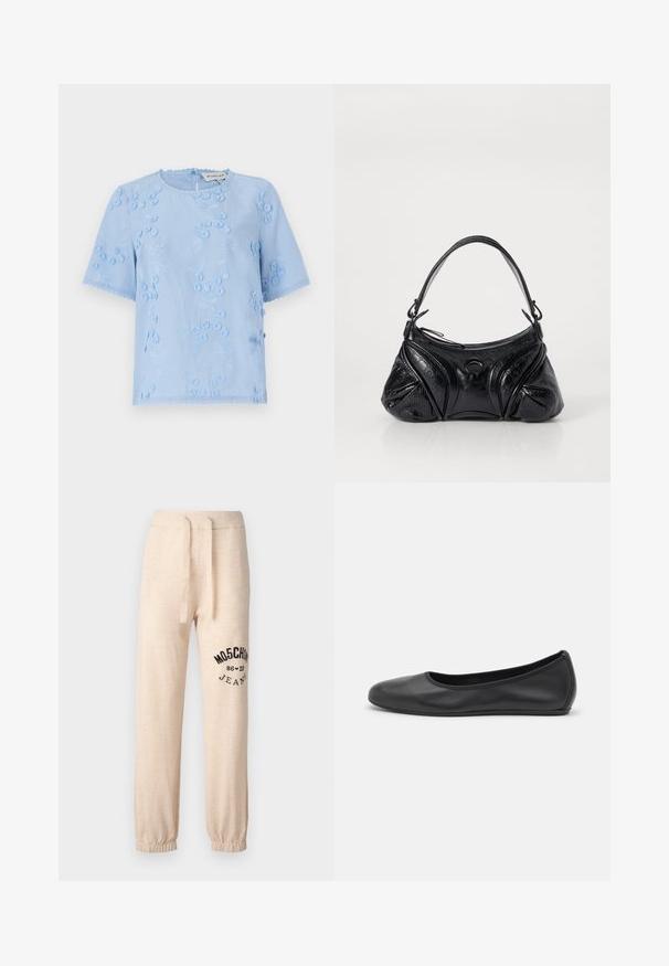 Light blue short-sleeve blouse with floral embroidery, textured accents, and scalloped edges. Round neckline with a button closure at the back.; Beige relaxed-fit sweatpants made of soft fabric, featuring an elastic waistband with a drawstring and black logo/design on the left leg.; Black leather ballet flat with a rounded toe, smooth texture, minimal stitching detail, and a flexible sole design.; Black handbag made of textured leather with a rounded shape. Features a thin shoulder strap and decorative embossed patterns.