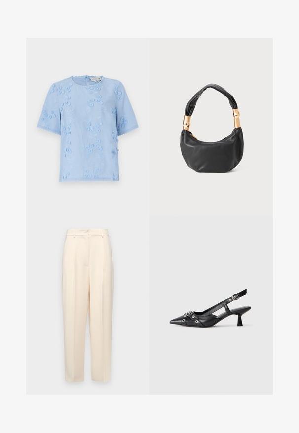 Light blue short-sleeve blouse with floral embroidery, textured accents, and scalloped edges. Round neckline with a button closure at the back.; Beige tailored trousers with a straight fit, featuring pleats at the front, a smooth texture, and a mid-rise waist. No visible pockets.; Black leather slingback shoe with a pointed toe, decorative straps featuring metal eyelets, and a low block heel. Textured surface.; Black leather handbag with a round shape, soft texture, and a knotted handle featuring gold-tone hardware accents. Zipper closure.
