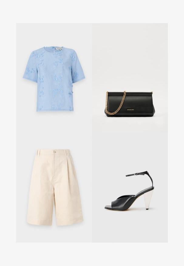 Blusa azzurro chiaro a maniche corte con ricami floreali, dettagli testurizzati e bordi ondulati. Collo rotondo con chiusura a bottone sul retro.; Pantaloni shorts in lino beige con una vestibilità rilassata, dotati di chiusura con bottone, design plissettato e taglio lungo fino al ginocchio. Tessuto morbido e stile semplice.; Sandal con tacco alto in pelle nera, con punta aperta, design asimmetrico, cinturino alla caviglia e tacco metallico a forma di cono. Texture liscia.; Clutch bag in pelle nera con tracolla in catena dorata, caratterizzato da una superficie liscia, forma rettangolare e branding in rilievo sul davanti.