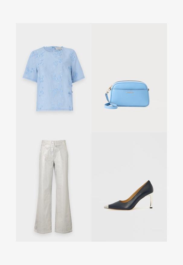 Light blue short-sleeve blouse with floral embroidery, textured accents, and scalloped edges. Round neckline with a button closure at the back.; Silver flared pants made from a shiny material, featuring a front button closure, two pockets, and visible stitching details.; Navy leather high heel shoe with a pointed toe, featuring a silver metallic cap and a shiny silver stiletto heel.; Light blue leather crossbody bag with gold-tone hardware, zip closure, and a front pocket. Features an adjustable strap for convenience.