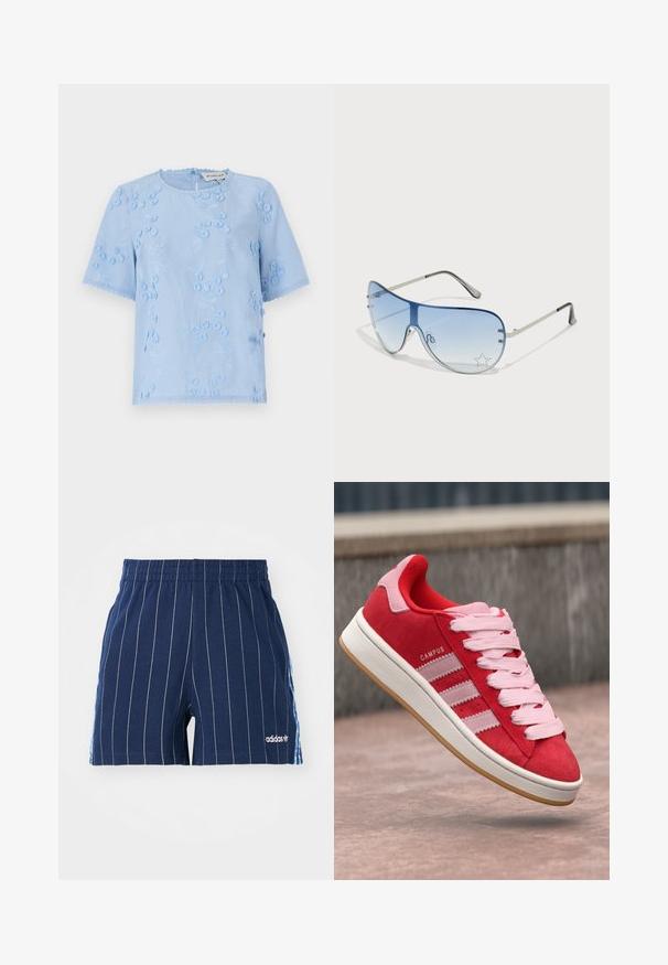 Lyseblå kortermet bluse med blomsterbroderi, teksturerte detaljer og bølgete kanter. Rund hals med knappelukking bak.; Mørkeblå shorts med hvite striper, elastisk midje og Adidas-logo. Har blå detaljer på sidene, laget av en bomullsblanding.; Røde semskede joggesko med rosa detaljer, med tre hvite striper og lyserosa snører. Hvit såle og gummisåle.; Pilotbriller med gradient blå linse, sølvfarget metallramme og dekorative stjerneaksenter på linsen. Glatt og stilren design.