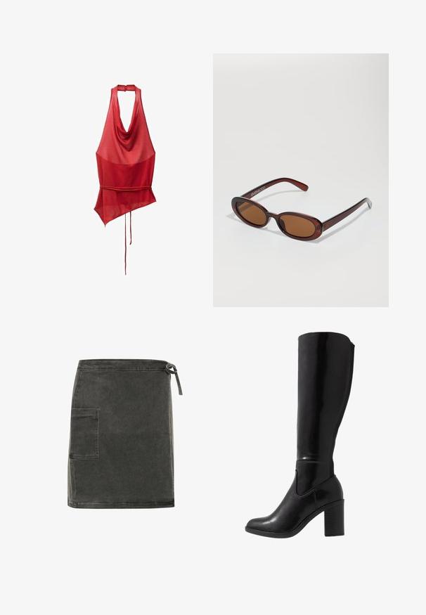 Red sleeveless top featuring a draped neckline, asymmetric hem, and tie detail at the waist. Made from a lightweight, sheer fabric.; Grey denim skirt with a straight cut, side pocket, and adjustable tie closure at the waist. Features a soft texture and minimalist design.; Knee-high black glossy heeled boots with a rounded toe, smooth texture, side cutout detail, and a chunky stacked heel.; Round, brown-tinted sunglasses with a glossy burgundy frame. Slim arms with subtle branding detail. Flat lens design.; Black leather handbag with two front zip pockets, a single shoulder strap, and silver hardware. Smooth texture and sleek design.