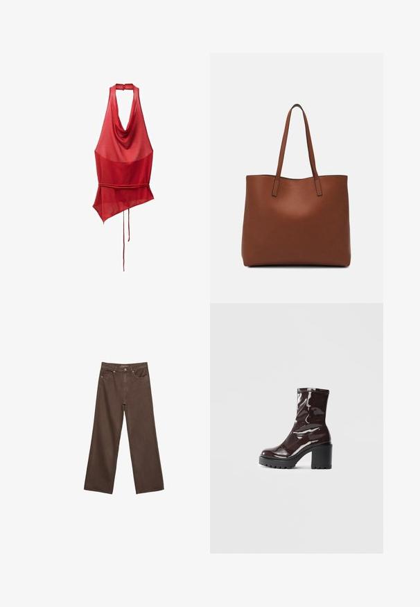 Červený top bez rukávů se záhybovým výstřihem, asymetrickým lemem a detailem zavázání v pase. Vyrobeno z lehké, průsvitné tkaniny.; Hnědé džíny s širokými nohavicemi vyrobené z denimu, s vysokým pasem, předními kapsami a klasickým zapínáním na knoflík. Hladká textura s jemným švem.; Lesklá bordó kotníková bota s masivním černým podpatkem, se hladkým povrchem a jednoduchým designem. Žádné viditelné zapínání ani vzory.; Hnědá kožená taška přes rameno s hladkou texturou, otevřeným designem a dvěma ramenními popruhy. Obsahuje minimální švy a žádné viditelné kovové prvky.