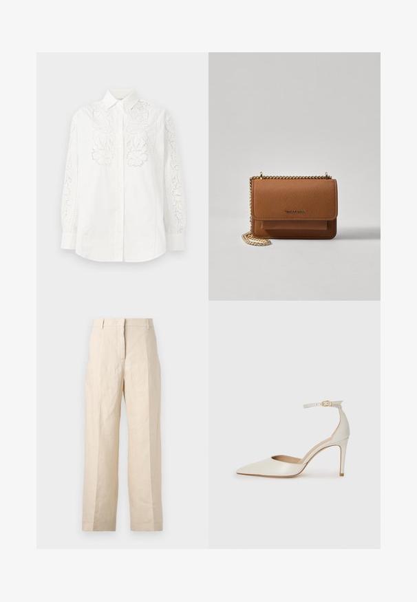 Weißes Hemd mit Knopfleiste, das florale Spitze an beiden Ärmeln und an der Vorderseite aufweist. Aus Baumwolle gefertigt, mit klassischem Kragen und langen Ärmeln.; Beige Leinenhosen mit einer lockeren Passform, gefältelter Vorderseite und geraden Beinen. Besitzt einen Bund mit Gürtelschlaufen und keine sichtbaren Taschen.; Weiße Leder-Pumps mit spitz zulaufender Zehe, Knöchelriemen und schlanker Stiletto-Absatz. Glatte Oberfläche mit dezent glänzendem Finish.; Braune strukturierte Ledertasche mit goldener Kettenriemen und Klappenverschluss. Die Vorderseite zeigt ein Logo-Detail und eine Tasche unter der Klappe.