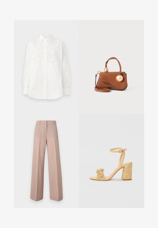 Biała koszula z guzikami, z kwiecistym koronkowym wykończeniem na obu rękawach i z przodu. Wykonana z bawełny, z klasycznym kołnierzykiem i długimi rękawami.; Szerokie spodnie w miękkim różowym materiale, z płaskim przodem, paskiem wyposażonym w szlufki oraz gładką teksturą.; Beżowe sandały na wysokim obcasie o plecionym wzorze, z dekoracyjnym kwiatem i paskiem na kostkę. Kwadratowy obcas zwiększa stabilność.; Brązowa skórzana torba na ramię o falistym wzorze, z dwoma okrągłymi złotymi akcentami oraz odczepianym paskiem na ramię, co umożliwia wszechstronne noszenie.