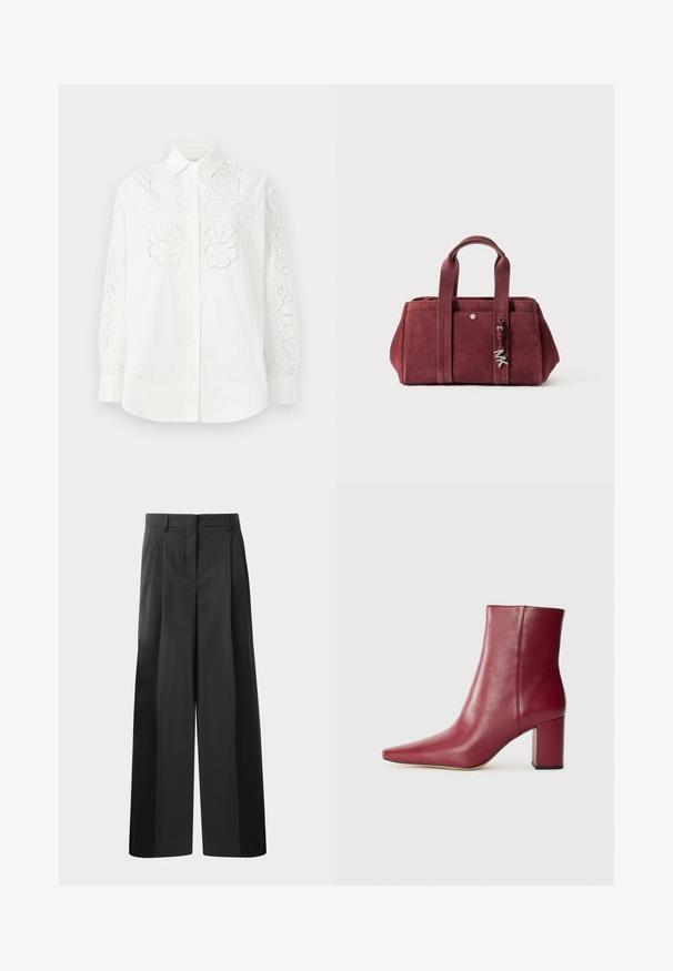 Weißes Hemd mit Knopfleiste, das florale Spitze an beiden Ärmeln und an der Vorderseite aufweist. Aus Baumwolle gefertigt, mit klassischem Kragen und langen Ärmeln.; Schwarze, weit geschnittene Hose mit hoher Taille, versehen mit Frontfalten, einer glatten Textur und einem maßgeschneiderten Finish. Entworfen für eine lockere Passform.; Bordeauxfarbene Leder-Stiefelette mit spitzer Zehenform, Blockabsatz und glatter Textur, die ein nahtloses Design ohne sichtbare Hardware aufweist.; Burgunderfarbene Wildlederhandtasche mit zwei oberen Tragegriffen, Reißverschlussöffnung, Vordertasche und metallischem Schmuckakzent. Rechteckige Form mit weicher Textur.