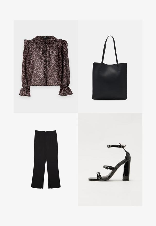 Transparente schwarze Bluse mit floralem pinken Muster, Rüschekragen, Knopfverschluss und gerafften Ärmeln mit ausgestellten Manschetten.; Schwarze Hose mit geradem Schnitt, ausgestattet mit Fronttaschen und Seitenschlitzen am Saum. Hergestellt aus weichem, glattem Stoff. Geeignet für verschiedene Anlässe.; Schwarze Lackleder-Sandalen mit hohen Absätzen, zwei Riemen mit Schnallen, quadratischer Zehenpartie und klobigem Blockabsatz, mit einer glatten, glänzenden Textur.; Schwarze Laptoptasche aus Leder mit glatter Textur, rechteckiger Form und zwei langen Griffen. Keine sichtbaren Beschläge oder Verzierungen.