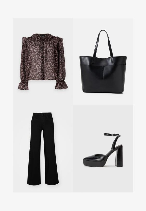 Prozoren črn bluzon s cvetličnim roza potiskom, z nabranim ovratnikom, zapiranjem na gumb in nabranimi rokavi s širokimi manšetami.; Črne široke denim hlače s strukturiranim pasom, z zankami za pas in sprednjimi žepi. Gladka tekstura s klasičnim dizajnom.; Črne platforme z visokimi petami in koničastim nosom ter nastavljivim gležnjenjskim trakom. Narejene iz gladke usnje, s kockasto peto.; Črna usnjena torba z dvema dolgima ročajema, gladko teksturo in strukturirano obliko. Ima sprednji žep za dodatno shranjevanje.