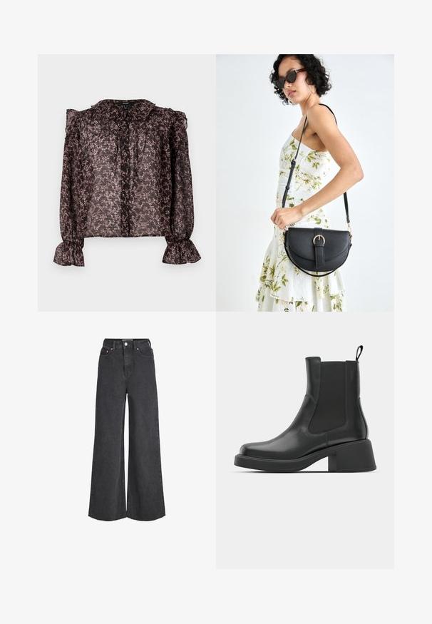 Áttetsző fekete blúz virágos rózsaszín mintával, fodros gallérral, gombos záródással és gathered ujjal, kihajtott mandzsettával.; Magas derekú fekete, bőszárú farmernadrág elülső gombbal és cipzárral, öt zsebbel és nyers széllel.; Fekete bőr bokacsizma elasztikus oldalsó panelekkel, kerek orral és vastag blokk sarokkal. Sima textúra, minimalista design.; Fekete bőrtáska ívelt formával, levehető pánttal és arany színű fémrészekkel. A táskán egy csattal díszített fedél található.