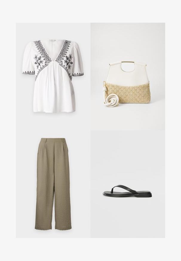 White blouse with a V-neck, short puff sleeves, and black floral embroidery along the neckline and hem, featuring a textured fabric.; Khaki wide-leg trousers made of textured fabric, featuring a high waist and subtle pleats for added detail. Smooth waistband finish.; Black flip-flop made of smooth leather, featuring a thin strap design and a flat sole with a minimal profile. No notable patterns or accents.; White leather handbag with a textured cream woven fabric bottom. Features a gold-tone handle and a coiled white strap for versatility.