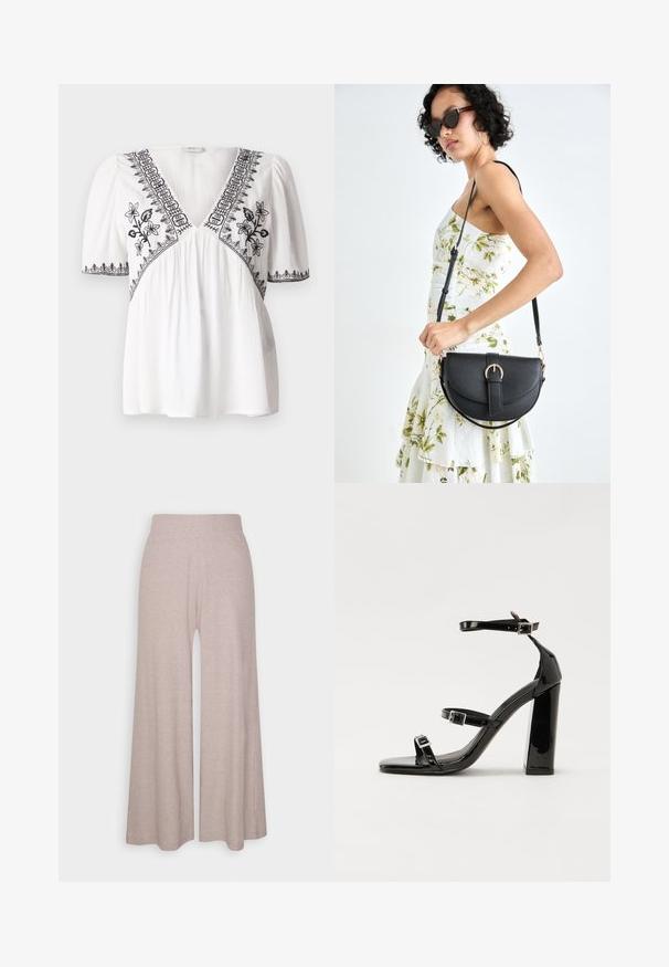 White blouse with a V-neck, short puff sleeves, and black floral embroidery along the neckline and hem, featuring a textured fabric.; Light grey wide-leg trousers made of soft, ribbed fabric, featuring a high waistband and full-length legs with subtle texture.; Black patent heeled sandals with a square toe, ankle straps, and silver buckles. Features a chunky block heel for stability.; Black leather handbag with a curved shape, detachable strap, and gold hardware. The bag features a flap with a buckle detail.