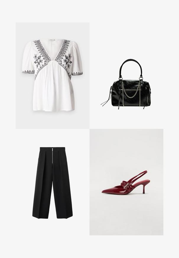 Weiße Bluse mit V-Ausschnitt, kurzen Puffärmeln und schwarzem Blumenstickerei entlang des Ausschnitts und Saums, gefertigt aus einem strukturierten Stoff.; Schwarze weit geschnittene Hose mit vorderen Falten und einem sichtbaren silbernen Reißverschlussverschluss an der Taille, flacher Front und seitlichen Taschen.; Rote Lackleder Slingback-Absätze mit spitzem Zeh, zwei Schnallenriemen und einem schlanken, mittelhohen Stiletto-Absatz. Glatte Textur.; Bershka WITH CHAIN - Handtasche - black