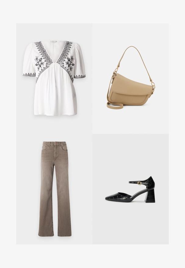 Blusa branca com decote em V, mangas curtas bufantes e bordado floral preto ao longo do decote e da bainha, apresentando um tecido texturizado.; Jeans castanhos de cintura alta, de perna reta, com botão frontal, passantes para cinto e design clássico de cinco bolsos em fundo branco.; Sapato de salto alto em couro envernizado preto com bico apontado, tira no tornozelo e padrão texturizado de crocodilo. Design de salto quadrado.; Even&Odd Mala de mão - beige