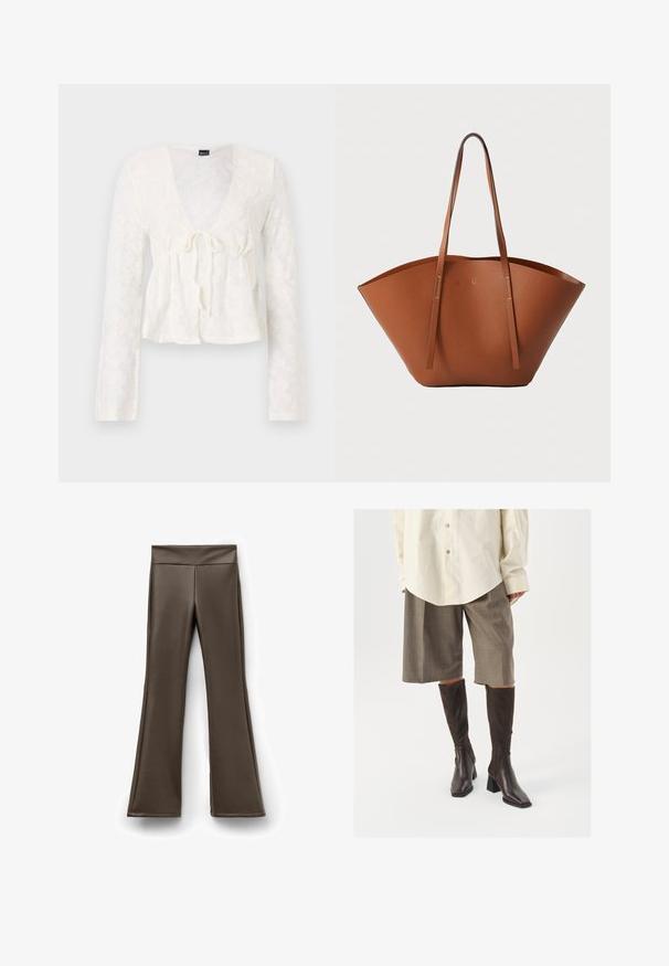 Hvid langærmet bluse med en dyb V-udskæring, knyt-detalje foran, blomstret blonde mønster og en peplum kant. Blødt, gennemsigtigt stof.; Brune faux læder flared bukser med en høj talje, der har en glat tekstur og en ren, tætsiddende silhuet.; Brune knæhøje støvler med firkantet tå og blokhæl, parret med beige oversized skjorte og brune ternede culotter.; Brun læder tote-taske med en bred, struktureret form, tynde håndtag og en tekstureret overflade. Har et minimalistisk design uden synligt hardware.