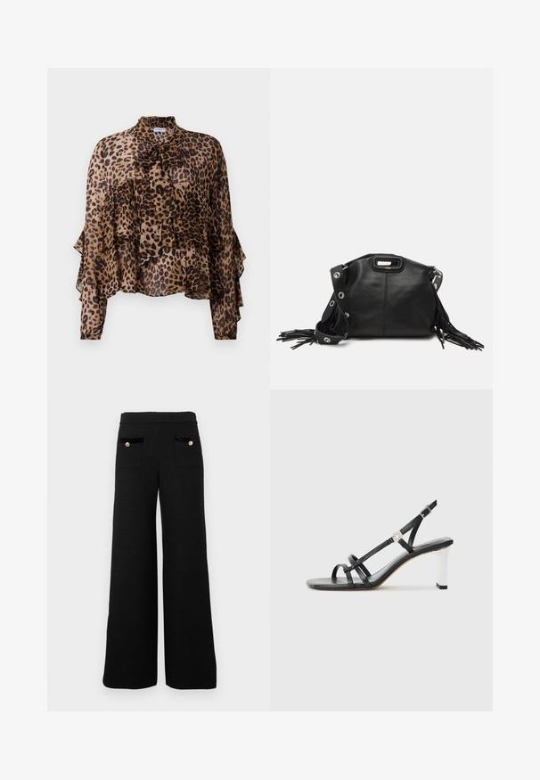 Leopardmønstret bluse med volanglag, lange ærmer og sløjfe i halsen. Lavet af letvægtigt, gennemsigtigt stof i brune og sorte nuancer.; Svart vide bukser laget av teksturert stoff, med to frontlommer med svarte fløyelsdetaljer og detaljer med gullknapper.; Svarte hæler med flere smale stropper, slinga bak og sølvfarge på hælen. Glatt overmateriale og firkantet hæl.; Maje MISS MINI - Skulderveske - noir