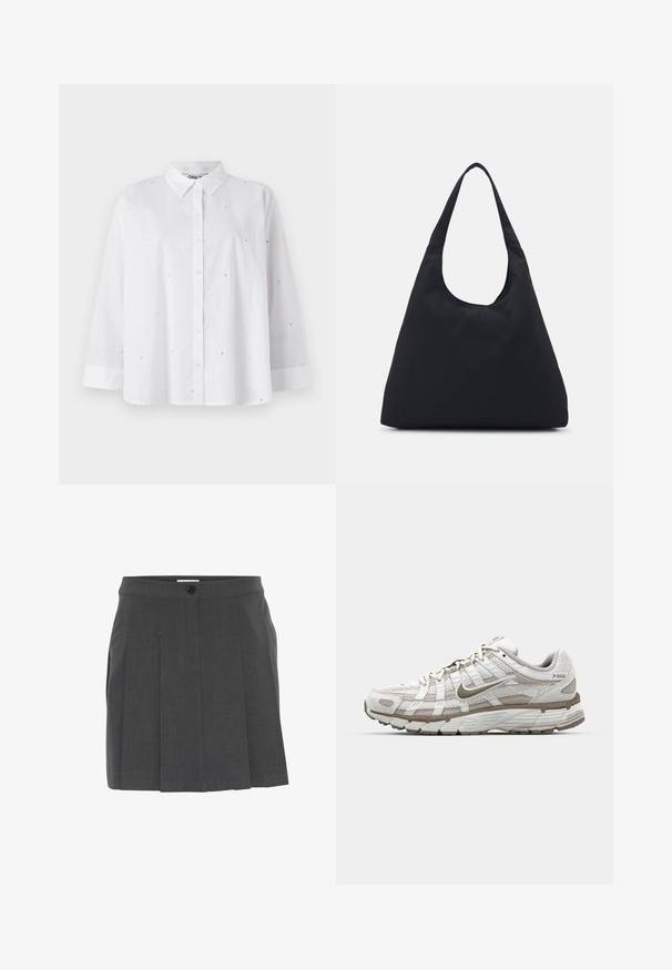 Camicia bianca con bottoni realizzata in tessuto leggero, caratterizzata da piccoli fori a forma di cuore, maniche lunghe e colletto classico.; Gonna grigia a pieghe con cintura, dotata di chiusura frontale a bottoni. Realizzata in tessuto texture, progettata per una vestibilità su misura.; Scarpa da ginnastica bianca con parte superiore in rete, dettagli in marrone chiaro e suola ammortizzata. Presenta un sistema di chiusura con lacci e testo sul lato.; Borsa di tessuto nera con un'unica tracolla larga. Forma morbida e semi-strutturata, con una texture liscia; design minimale, senza hardware visibile.