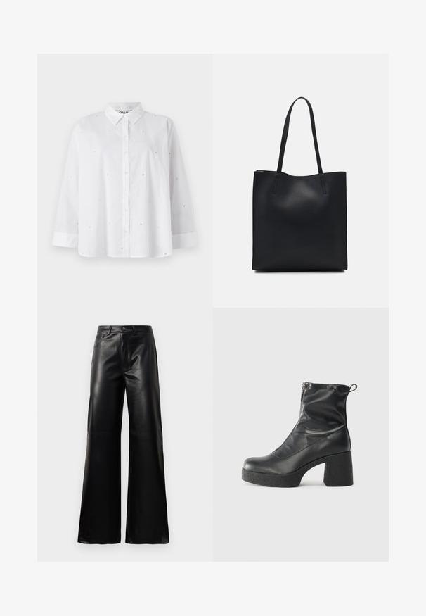 Bílá košile s dlouhými rukávy vyrobená z lehkého materiálu, s malými výřezmi ve tvaru srdce a klasickým límečkem.; Černé kalhoty s vysokým pasem a širokými nohavicemi z umělé kůže, s předním knoflíkem, zipovým zapínáním, poutky na pás a bočními kapsami na bílém pozadí.; Černé kotníkové boty vyrobené z hladké kůže, s bočním zipem, robustním strukturovaným podpatkem a kulatou špičkou.; Černá kožená taška přes rameno s hladkým povrchem, obdélníkovým tvarem a dvěma dlouhými uchy. Žádné viditelné kování ani ozdoby.
