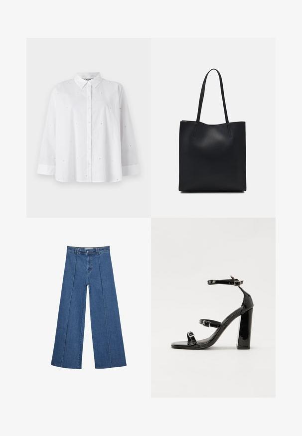 White button-up shirt made of lightweight fabric, featuring small heart-shaped cutouts, long sleeves, and a classic collar.; Wide-leg denim jeans in medium blue, featuring a high waist, button closure, and contrasting vertical seam details along the front.; Black patent heeled sandals with a square toe, ankle straps, and silver buckles. Features a chunky block heel for stability.; Black leather tote bag with smooth texture, rectangular shape, and two long handles. No visible hardware or embellishments.
