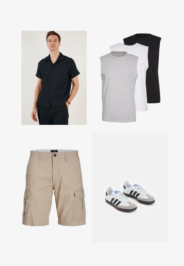 Črna majica s kratkimi rokavi in ovratnikom, z rebrasto teksturo in gumbom spredaj. V kompletu z ujemajočimi se hlačami, kar ustvarja usklajen videz.; Tri brezrokavne majice v sivi, beli in črni barvi. Mehka bombažna tkanina s krojnim ovratnikom in sproščenim fit. Enostavna zasnova, brez vzorcev.; Bež kratke hlače iz bombaža, z več stranskimi žepi, gumbom za zapiranje in naravnim krojem.; Športni čevlji z belim usnjenim zgornjim delom, sivim semišem na prstih in tremi črnimi črtami. Imajo modro logo na jeziku in teksturiran gumijast podplat.