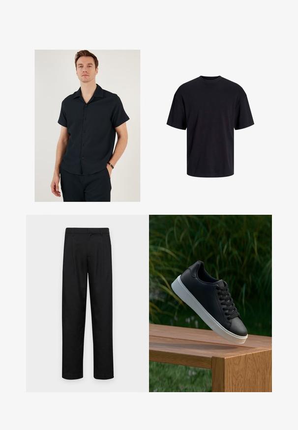Camicetta nera a maniche corte con colletto, caratterizzata da una texture a coste e un'apertura con bottoni. Abbinata a pantaloni coordinati, creando un look coerente.; T-shirt in cotone nero con collo rotondo, maniche corte e vestibilità morbida. Texture liscia senza pattern o dettagli visibili.; Pantaloni neri realizzati in tessuto liscio, caratterizzati da un taglio dritto, due pieghe frontali e una vita standard con passanti per la cintura.; Sneaker in pelle nera con una texture liscia, suola in gomma bianca e sei grommet per i lacci, posizionata su una superficie di legno.
