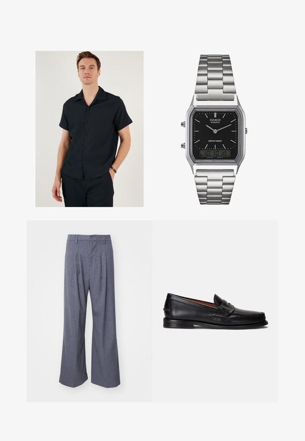 Čierna košeľa s krátkym rukávom a golierom, s rebrovanou textúrou a predným zapínaním na gombíky. Skombinovaná s nohavicami v rovnakom štýle, vytvárajúca súlad v vzhľade.; Šedé prúžkované nohavice so širokým strihom, s plisovaním na prednej strane a hladkým povrchom. Bez viditeľných kovových prvkov alebo akcentov.; Čierne kožené mokasíny s hladkým povrchom, zaoblenou špičkou a ozdobným pásikom cez hornú časť. Majú nízku čiernu podrážku.; Strieborné nerezové hodinky s kremíkovým strojčekom a čiernym obdĺžnikovým ciferníkom, vybavené analógovými ručičkami, digitálnym displejom a označením vodoodolnosti.