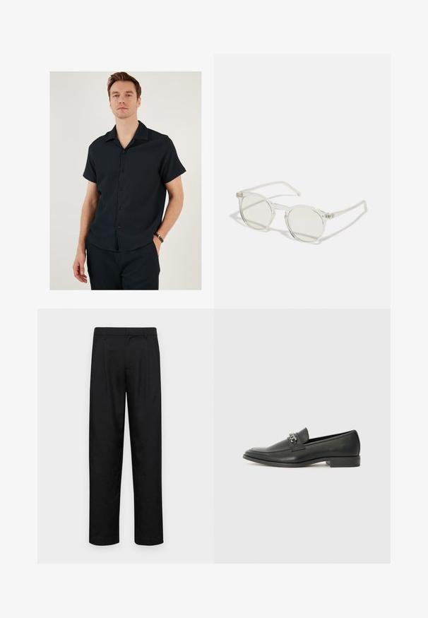 Camisa negra de manga corta con cuello, que presenta una textura acanalada y cierre de botones. Combinada con pantalones a juego, creando un look cohesivo.; Pantalones negros de tela suave, con un diseño de pierna recta, dos pliegues frontales y una cintura estándar con trabillas para el cinturón.; Mocasín de cuero negro con un acabado suave, que cuenta con un diseño de costura y un acento decorativo de cadena de metal en el empeine. Tacón plano.; Gafas de sol redondas con una montura transparente, lentes verde claro y patillas delgadas y transparentes. Presenta sutiles acentos de hardware en la montura.