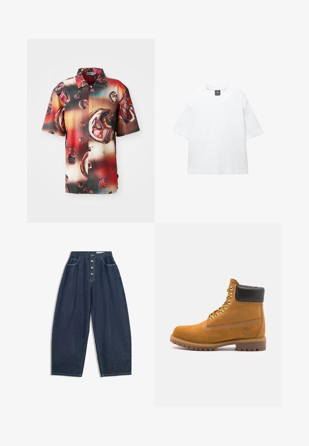 Kurzarmhemd aus glänzendem Stoff, das ein lebhaftes abstraktes Design aus roten und braunen Blasen vor einem verlaufenden Hintergrund zeigt. Mit Knopfverschluss vorne.; Weißes T-Shirt mit kurzen Ärmeln aus Baumwolle, das über einen Rundhalsausschnitt und einen lockeren Schnitt mit geradem Saum verfügt. Keine Muster oder Verzierungen.; Dunkelblaue Denim-Hose mit weiter Beinform und hoher Taille, fünfknöpfigem Verschluss und fünf Taschen. Mit Steppnähten an den Nähten.; Beige Wildleder-Ankle-Boot mit schwarzem gepolstertem Kragen, goldenen Metallösen, weißen Nähdetalben und einer robusten Gummisohle mit ausgeprägtem Profil.