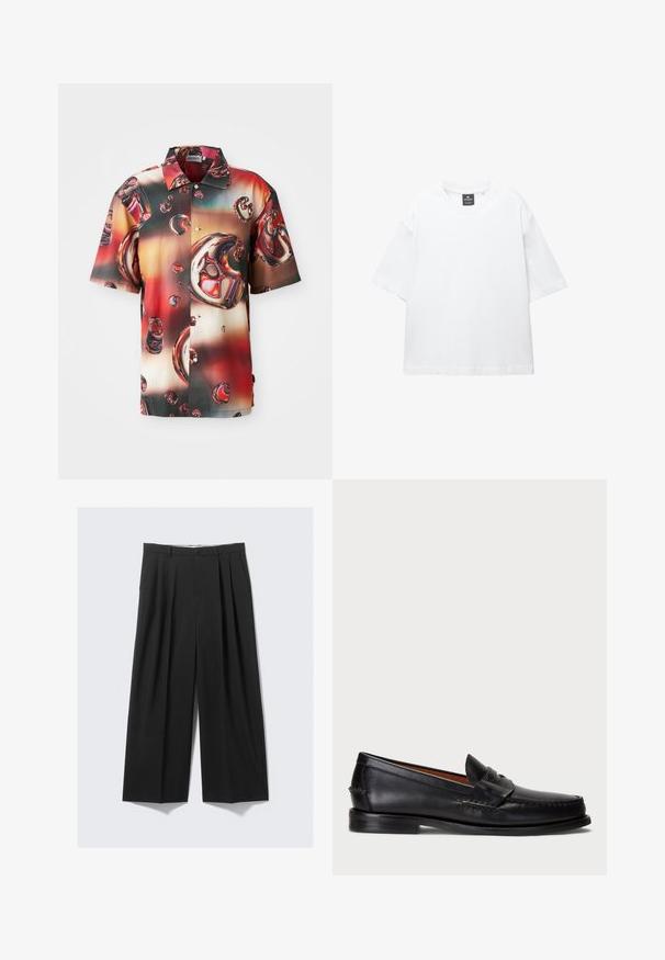Kurzarmhemd aus glänzendem Stoff, das ein lebhaftes abstraktes Design aus roten und braunen Blasen vor einem verlaufenden Hintergrund zeigt. Mit Knopfverschluss vorne.; Weißes T-Shirt mit kurzen Ärmeln aus Baumwolle, das über einen Rundhalsausschnitt und einen lockeren Schnitt mit geradem Saum verfügt. Keine Muster oder Verzierungen.; Schwarze weit geschnittene Hose mit Falten, Knopfverschluss und Gürtelschlaufen, flach auf einem neutralen Hintergrund präsentiert.; Schwarze Lederloafer mit abgerundetem Zeh, gesteppten Details und einem dekorativen Riemen an der Vorderseite. Flache Sohle mit minimalem Profil.